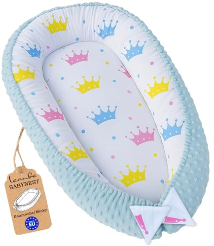 Leanbe Babynest 90x50 cm – Babynestchen für Neugeborene, Nestchen Baby aus Baumwolle & Polyester, Bettnestchen für Winter/Herbst, Baby Nest Set für Indoor & Outdoor (MINKY BLAU - KRONEN)