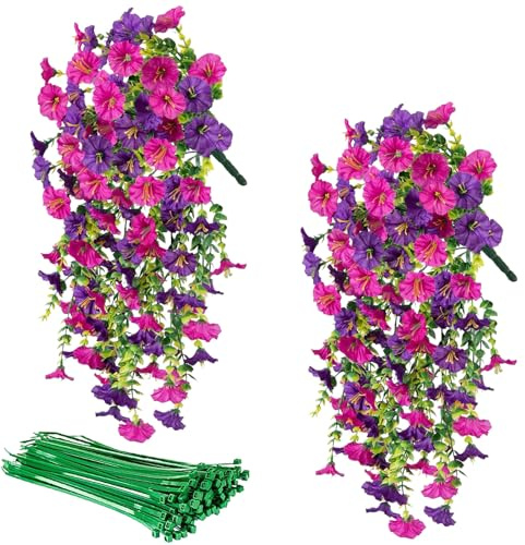 ZenyTra Pack of 2 Artificial Hanging Plants, 76 cm Artificial Petunia Ivy in Purple & Pink Mix with 10 Twines, UV-Resistant Artificial Flowers for Balcony, Patio, Garden, Indoor and Outdoor Decoration