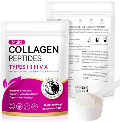 Poudre de collagène, poudre de collagène, 5 types de peptides de collagène, très efficace, 454 g, peptide de type 1 et 3, avec vitamine C, hyaluronique et biotine, goût neutre pour la peau, les