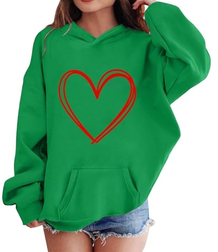 Mjjsk flickor hjärta grafiska huvtröjor ledig långärmad tröja med huva barn snygg bekväm Preppy pullover topp trendig söt huvtröja jumper, gRÖN, 3-4 Years