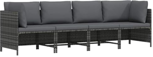 Hoopleep 4-Sitzer-Gartensofa, Grau Poly Rattan Loungesofa mit dicken Kissen, wetterfest für Terrasse, Außenbereich, Balkon, stabile Stahlrahmen Sitzgruppe