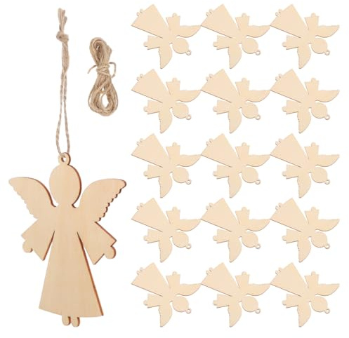 Kichvoe Wooden Angel Decorations 20 Unfinished Paintable Angel Cutouts Wooden Christmas Ornaments to Paint with Hemp Rope Diy Craft Supplies for Wedding Birthday Tree Hanging Decor