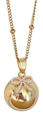 Bola grossesse or avec petit pendentif noeud cadeau - Chaine bola 110 cm en acier inoxydable maille satelitte - Pendentif bola plaqué or - Bola de grossesse doré - Cadeau pour femme enceinte