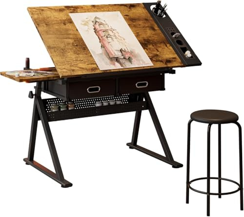 Height Adjustable Drafting Table with Stool, 0-75° Tilting Drawing Desk Artist Desk with 2 Storage Drawers, Watercolor Art Workstation for Home Office Drawing, Painting, Crafting, Writing, Sketching