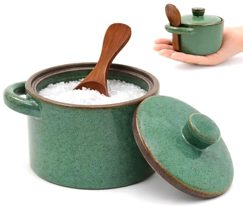Wenfubrixa Speckled Ceramic Salt Cellar with Lid and Wooden Spoon 7.8 oz Rustic Salt and Pepper Containers for Countertop Sugar Bowl Farmhouse Seasoning Spice Jar for Kitchen(Dark Blue)