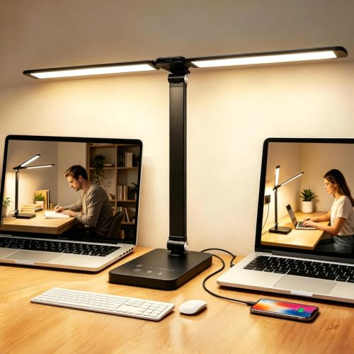 Akynite Doppelkopf-Schreibtischlampe LED-dimmbar, 2A Adapter enthalten, 5 Farben 10 Helligkeit, USB Anschluss, Klappbare Lampe Schreibtisch Touch mit Timer, Leselampe Tisch Schwarz