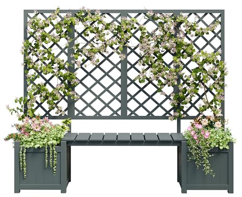 Jardinière avec treillis et banc 169 cm gris en sapin massif - Jardinière avec tuteur pour jardin et terrasse - Jardinière surélevée avec treillis et siège - Jardinière avec brise-vue