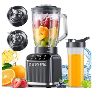 DESSINO Touchscreen Batidora de vaso cristal de 1200 W de potencia max., Jarra de 1,5 L, 6 cuchillas de acero-inoxidable,4 funciones para triturar hielo y frutas congeladas, vaso portátil de 710 ml