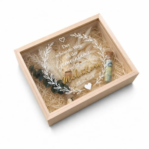 Yuweli Personalisierte Hochzeitsbox mit Namen und Datum, Holzbox mit Acrylglasdeckel, Geldgeschenk Hochzeit, Erinnerungsbox für Brautpaar, Geschenkbox mit Holzwolle, 16 x 11 x 4 cm (Typ3)
