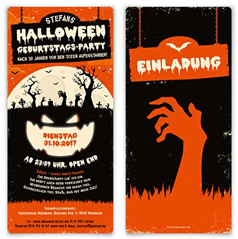 Kartenmachen.de 10 x Halloween Einladungskarten Kostüm Party Geburtstag Einladung 31.10. - Zombie Kürbis