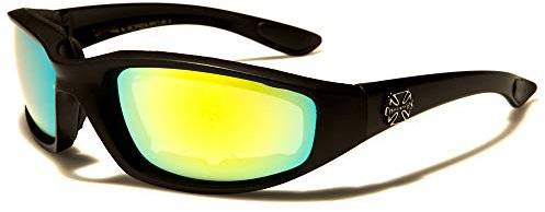 Choppers Motorradbrille Sonnenbrille Anti Fog West Coast Bikerbrille gepolstert (Schwarz-GRÜN-GELB-CP924)