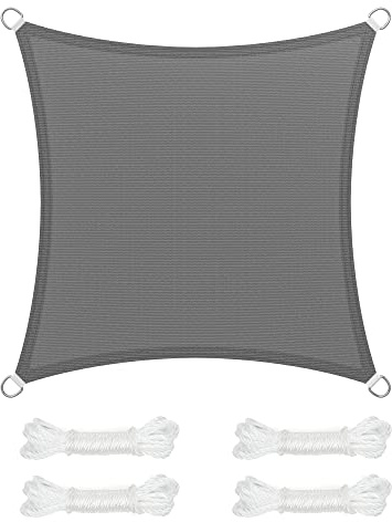 SONGMICS Vela de Sombra de 3 x 3 m, Tejido HDPE de Protección Solar, Transpirable, Permeable al Agua, Terraza, Jardín, Balcón, Camping, Cuadrada, Cóncava, Cuerdas de 2 m, Gris Ahumado GSS33GY
