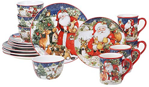 Magic of Christmas 16pc Ceramic Dinnerware Set – Santa and Woodland Animals Holiday Plates, Bowls & Mugs, Dishwasher & Microwave Safe, Festive Christmas Tableware