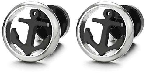 Herren Damen Edelstahl Flach Marine Anker Kreis Ohrstecker Ohrringe, Silber Schwarz, Rock, Schraube Wieder