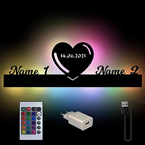 Namofactur personalisierte RGB-Paarlampe Herz aus Holz mit USB | Mit zwei Namen und Datum – RGB-Farbwechsel per USB und Fernbedienung sowie in verschiedenen Farben wählbar