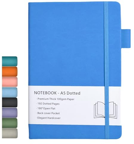 Carnet en Pointillé A5, Couverture Rigide, Journal à Pointillés avec Papier épais de 100 gsm, Poche Intérieure, Bande élastique, Couverture en Similicuir, 192 Pages, 14,5 x 21,3 cm (Azurebleu)