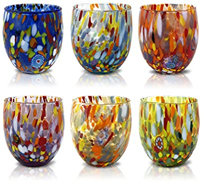 MAZZEGA ART & DESIGN – 6 „Goto“-Wassergläser aus mundgeblasenem Glas mit Murano-Murrine – Die Farben von Murano – Modell „Classic“ 320 ml. Hergestellt in Italien