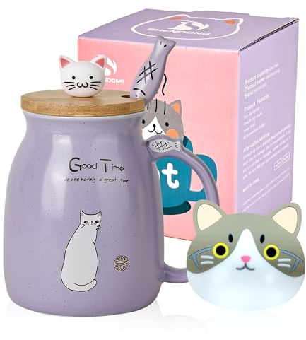 Katze-Becher Süße Kaffeetasse aus Keramik mit Kawaii-Katze Holzdeckel und schöner Löffel aus Edelstahl Neuheit Morning CupKaffee-Milch-Tee-Becher - 3D-Tier Katzen-Tassen für Katzenliebhaber Frau