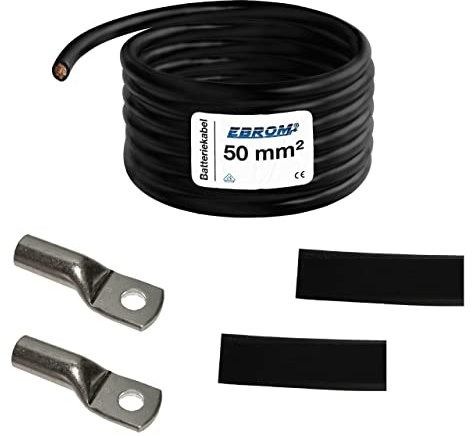 EBROM Batteriekabel „DIY SET MASSEKABEL SCHWARZ - 50 mm² von 30 cm bis 10 Meter, Ringösen Kabelschuhe M6/M8/M10/M12 kombinierbar, Ihre Auswahl: Vollkupfer Kabel 50 mm2, 30 cm Kabelschuh 2 x M8