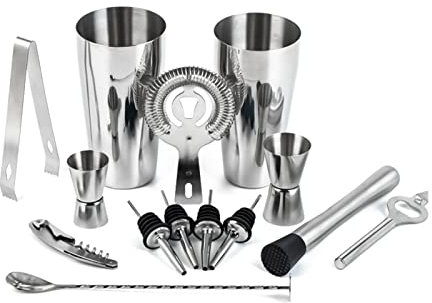 LUCHONG 14pcs / Set Mixology Bartender Kit Cocktail Shaker Set avec Boston Shaker/Jigger/Verseurs/Broyeur à Glace/Pinces à Glace/Cuillère à mélanger/Passoire/Ouvre-Bouteille/Tire-Bouch