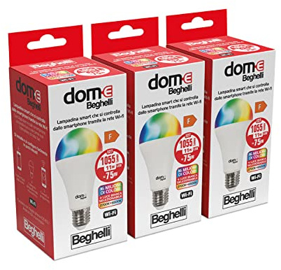 Beghelli - DOME-E Lampadina Wifi Led E27, Lampadina Led a Goccia 11W, 1055lm, Multicolor, 3 Blister