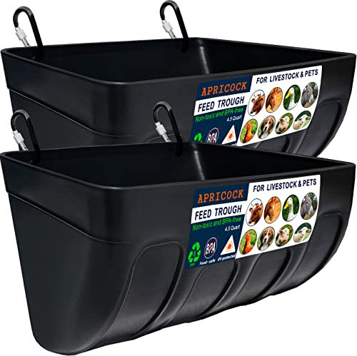 2 Pack Feed Trough and Waterer Bucket with Clips, for Goat Duck Sheeple Cat Dog Piglets Horse Chicken Deer Goose, Goat Feeder Supplies, 4.5 Quart(Appearance Patent Product) (Black)