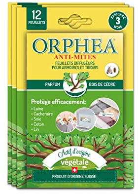 Orphea - Anti tarme tessile, diffusori per armadi e cassetti (3 x 12 pezzi) naturale, profumo legno di cedrè. Anti tarme ideale per vestiti, agisce immediatamente, durata 3 mesi