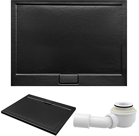 BADLAND Duschwanne 120x80 Axim Schwarz Steinoptik Acryl Duschtasse Rechteck mit Ablaufgarnitur Ø 50 mm