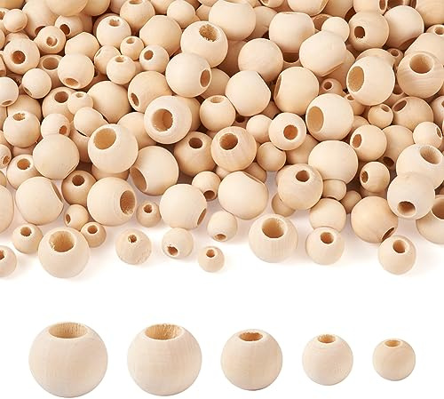 300 perline di legno con foro grande, perline rotonde in legno naturale non finite, perline macramè, 10 mm, 12 mm, 15 mm, 18 mm, 20 mm, per la creazione di gioielli fai da te