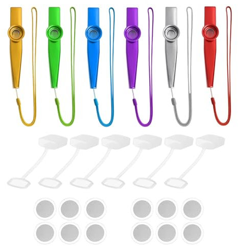 SEWSAW Kazoo-Stücke mit Riemen Kazoos Metall 6 Stück Mundstück-Schutz instrument Musikinstrumente Musikgeräte für Kinder und Musikliebhaber aus Aluminium 6 Farben mit 12 Stück Flöten Membranen