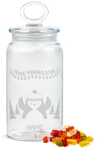 PR Print Royal Personalisierte Keksdose aus Glas mit Gravur - 1100 ml - Frohe Weihnachten mit Name und Pinguin, Geschenk zu Weihnachten für Freunde, Kollegen und Familie, Personalisiertes Geschenk