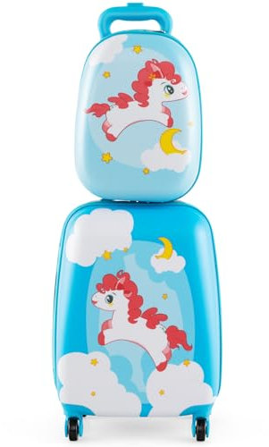 COSTWAY 2tlg Kinderkoffer + Rucksack, Kindertrolley aus Kunststoff, Kindergepäck, Kinder Kofferset Handgepäck Reisegepäck Hartschalenkoffer für Jungen & Mädchen (Blau Pferd, 12+16)