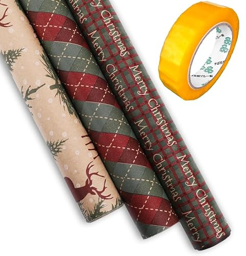 KC SHOP GERMANY, GESCHENKPAPIER 2.0 3x ROLLE KRAFTPAPIER rot grün beige 70x305cm, 80g/qm, Weihnachten, Heiligabend, xmas, christmas, modern, schick, hübsch, hochwertig (Mix + Kleberolle)