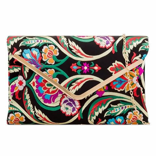 UShopUK Bolso de mano de satén floral multicolor para novia, graduación, boda, noche, fiesta, bolso de mano, Black, medium