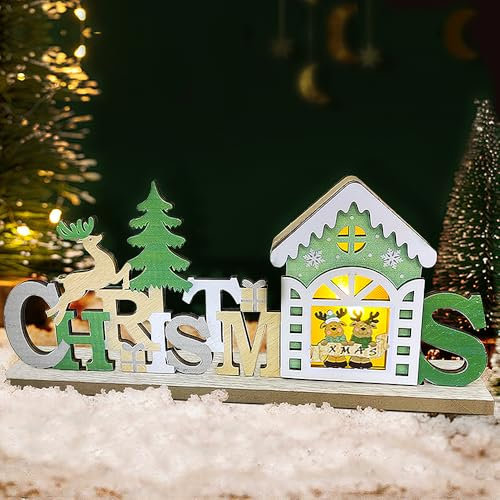 Villaggio di Natale Luminoso LED, Casetta Natalizia Illuminata in Legno, Centrotavola Natalizio Elegante, Scritta Decorativa da posare per Natale, Decorazioni Natalizie per la Casa Addobbi Tavolo (A)