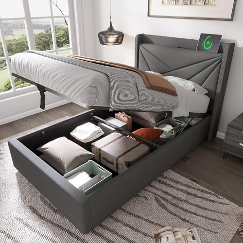 Aoskem Polsterbett 90x200 Einzelbett mit Stauraum Underbett, Kopfteil mit USB/TypC-Ladefunktion, Stauraumbett Bettgestell mit Lattenrost, Rückenlehne Jugendbett Flachbett, Ohne Matratze, Leinen Grau