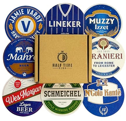 Leicester City Beer Mats Set of 8 – Football Coasters – Unique Leicester City Gifts – LCFC Memorabilia – Gift Boxed Drink Coasters for Beer or Coffee – Football Fan Gift Idea