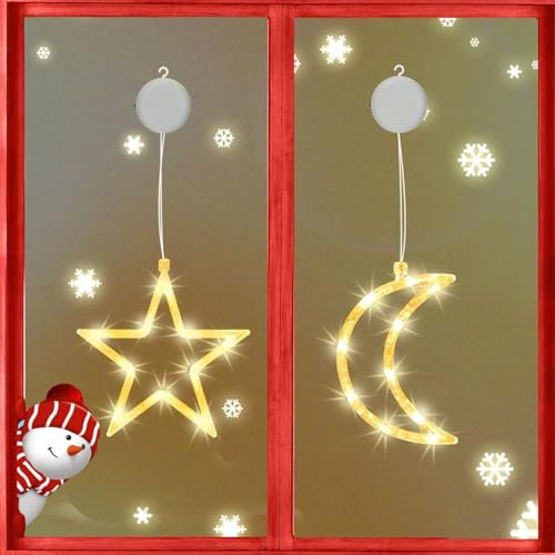 2 Stück Weihnachten Fenster Lichterkette,10 LED Fenster Lichterkette Batteriebetriebene mit Saugnäpfe,Weihnachtsstern Mond Innen, Beleuchtet LED Fensterdeko,Warmweiß,für Weihnachten Deko,Hochzeit