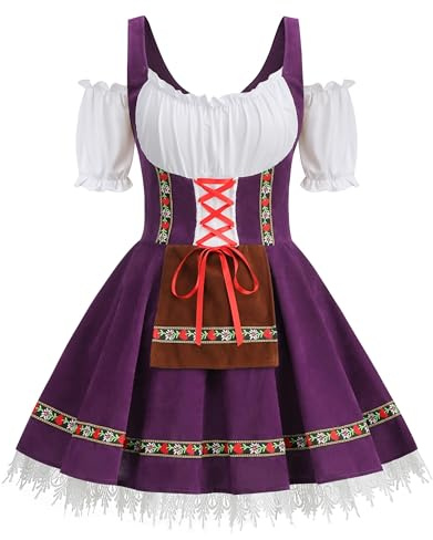 HAPNBCELE Women Oktoberfest Costume Adult German Bavarian Dirndl Off-Shoulder Velvet Purple Beer Dress Halloween Carnival Cosplay S
