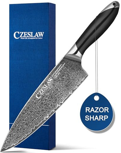 Czeslaw Coltello da Cucina - Coltelli da Cucina, Coltelli da Cucina Professionali Giapponese in acciaio Damasco, Forgiato a mano in acciaio Damasco giapponese nero,Design ergonomico del manico in ABS