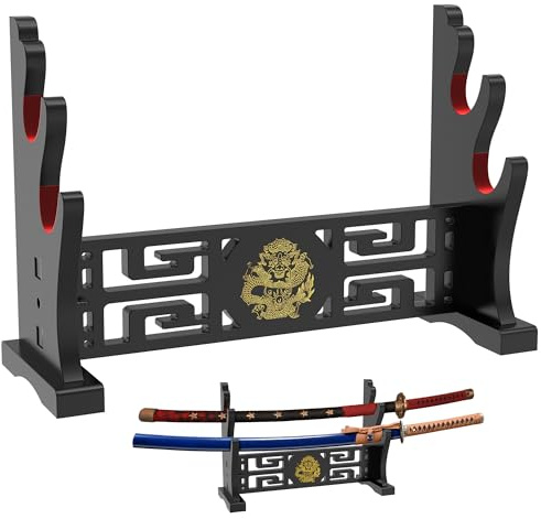 Alyoen Support pour sabre, support pour katana, support en bois pour katana avec crochet rembourré de velours et motif de dragon, présentoir à 2 étages pour sabre de samouraï pour tanto, épée légère