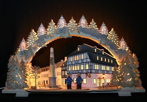 Großer Schwibbogen 70cm - Nachtwächter am Fachwerkhaus - Handarbeit aus dem Erzgebirge - Schwibbogen für Weihnachten
