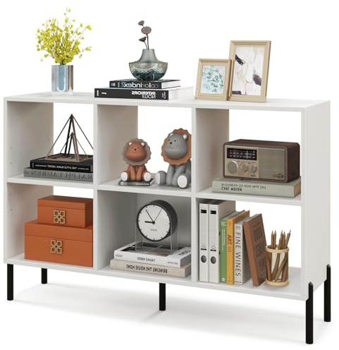 HOMASIS Bücherregal mit 6 Würfeln, Würfelregal mit verstellbarem Ablagen & Metallbeinen, Standregal aus Holz, Aufbewahrungsregal platzsparend, Bücherschrank für Wohnzimmer, 120x35x79,5 cm (Weiß)