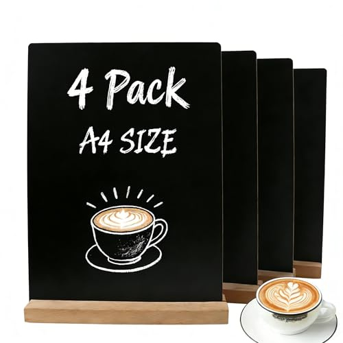 4PCS A4 Chalkboard, 11.7 x 8.3 Inch Double Sided Tabletop Blackboard with Wooden Stand, Erasable Menu Chalk Board for Wedding, Restaurant, Bar, Party, School, Birthday Decorations