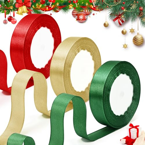 qingmeng 66m Geschenkband Schleifenband Satinband Weihnachten Rot Gold Grün, 20mm Weihnachtsband Geschenkbänder zum Basteln Breit Rotes Band Ribbon Dekoband für Geschenkverpackung Weihnachtsdeko