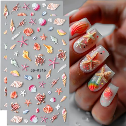 CharmeFleur 5D autocollants ongles motif coquillage et étoile de mer été océan 2PCS thèmes tortue accessoires manucure