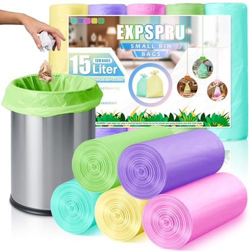 Expspru 15L Bin Liners Pedal Bin Bags Small Pedal Trash Bin Bags for Bathroom,Office, Kitchen,Colorful,120 Counts