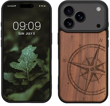 kwmobile Hülle kompatibel mit iPhone 17 Pro Hülle - Holz Case - Handy Cover - TPU Handyhülle in Dunkelbraun Kompass Vintage
