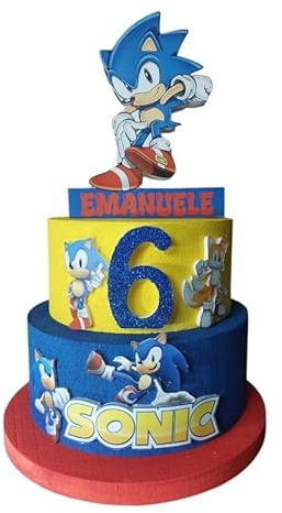Torta Decorativa in Polistirolo Sonic, 40 cm Diametro x 70 cm Altezza, 3 Livelli, Personalizzabile con Nome ed Età
