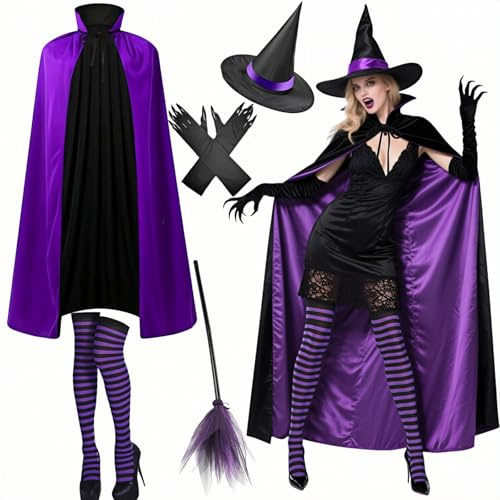 Boyigog Witch Costume Adult Women with Black Cloak Witch Gloves Hat Socks Broomstick Wand, Witches Outfit Set for Halloween Masquerade Carnival Cosplay Fancy Dress Costume Adult Women